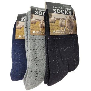Men's Lamb Wool Crew Socks, Warm Winter Heavy Duty, Squares Pattern, 3 Pairs